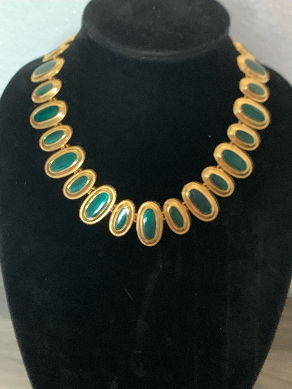 Gold-Tone Necklace with Green Enamel Cabochons - Women Jewelry